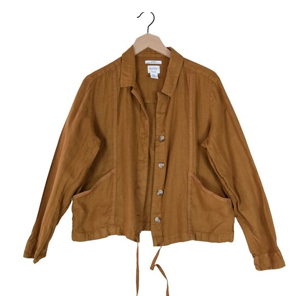 Nicole Miller 100% Linen Jacket M Rustic Utility Soft Caramel Earthtone Coastal - Picture 1 of 8